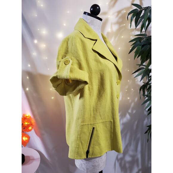 Akris Punto 100% Linen Yellow Roll Tab Short Sleeve Blazer Jacket Womens Size 12 - Picture 2 of 13
